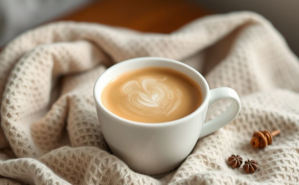 Coffee milk tea blend in a cozy cup setting