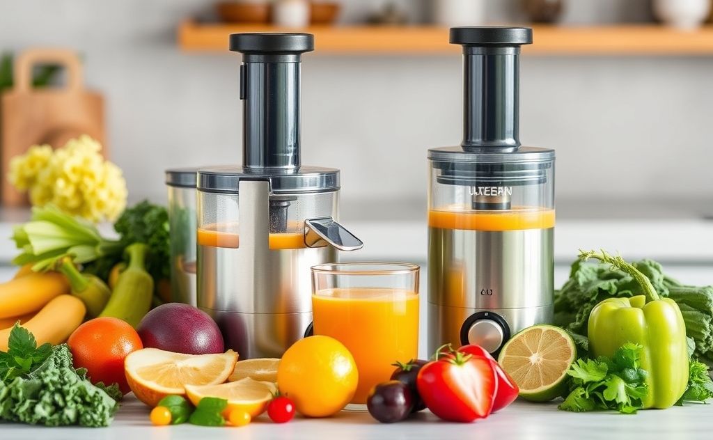 Cold press juicer with fresh fruits and vegetables