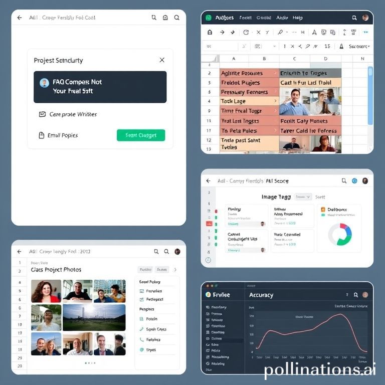 Collage of student-friendly no-code AI projects: FAQ chatbot widget on a campus site, spreadsheet labeled with email topics, image tagging interface with class project photos, simple dashboard showing accuracy and F1 score, clean and approachable style