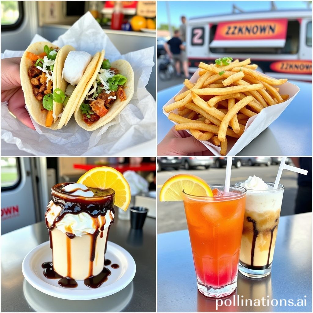 Image collage of food categories that can be made in a ZZKNOWN truck: tacos, fries, desserts, drinks