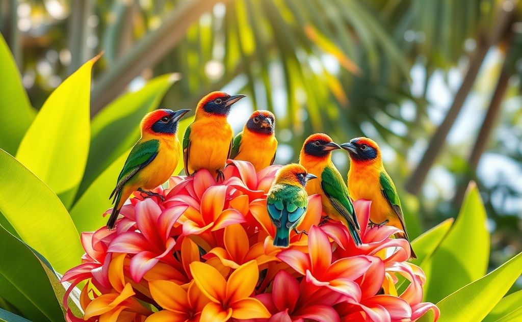 Colorful Hawaiian finches perched on vibrant tropical flowers.
