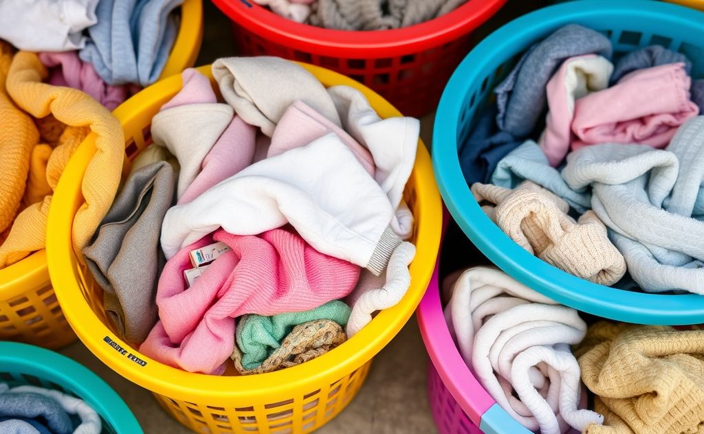 Colorful baskets filled with neatly sorted laundry items.
