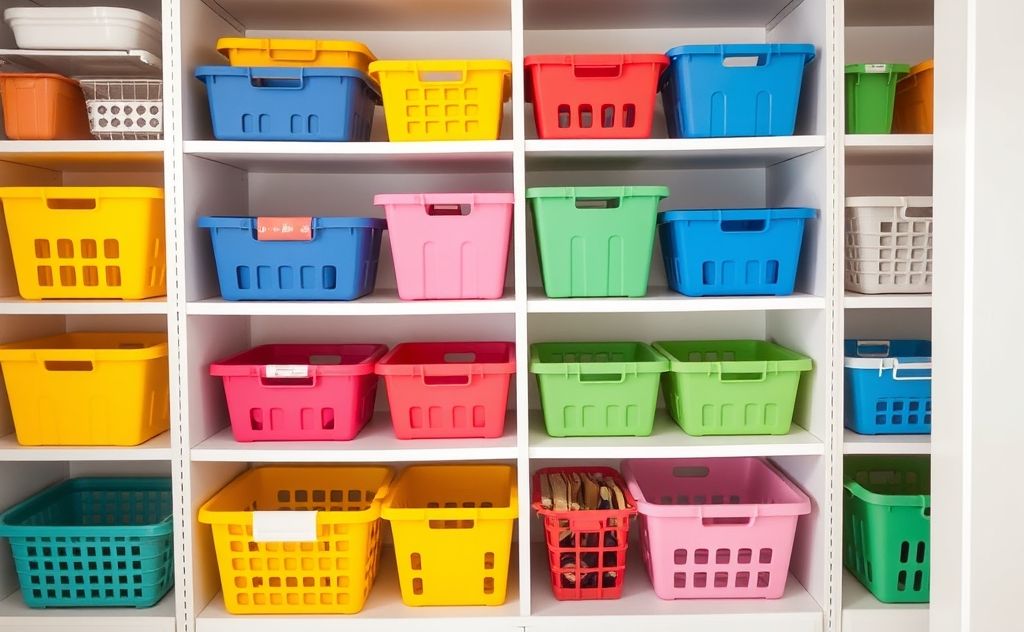 Colorful bins and baskets organized on shelves in a tidy home setting