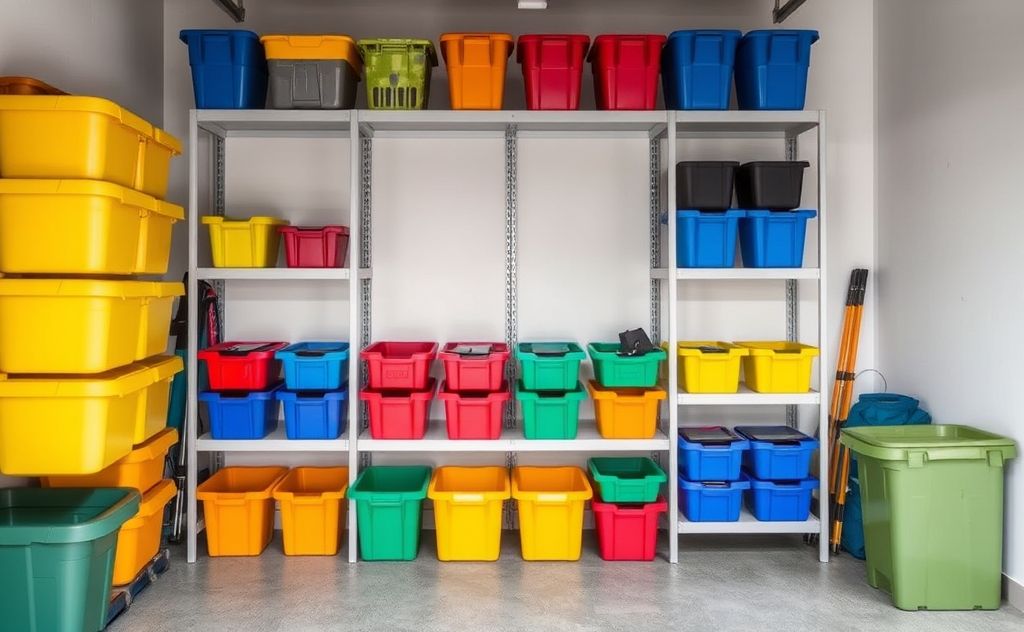 Colorful bins and shelves neatly arranged in a tidy garage space