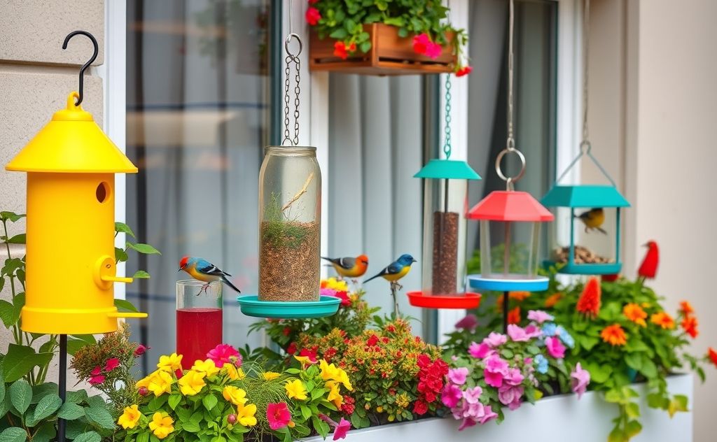 Colorful bird feeders arranged on a vibrant apartment balcony garden.
