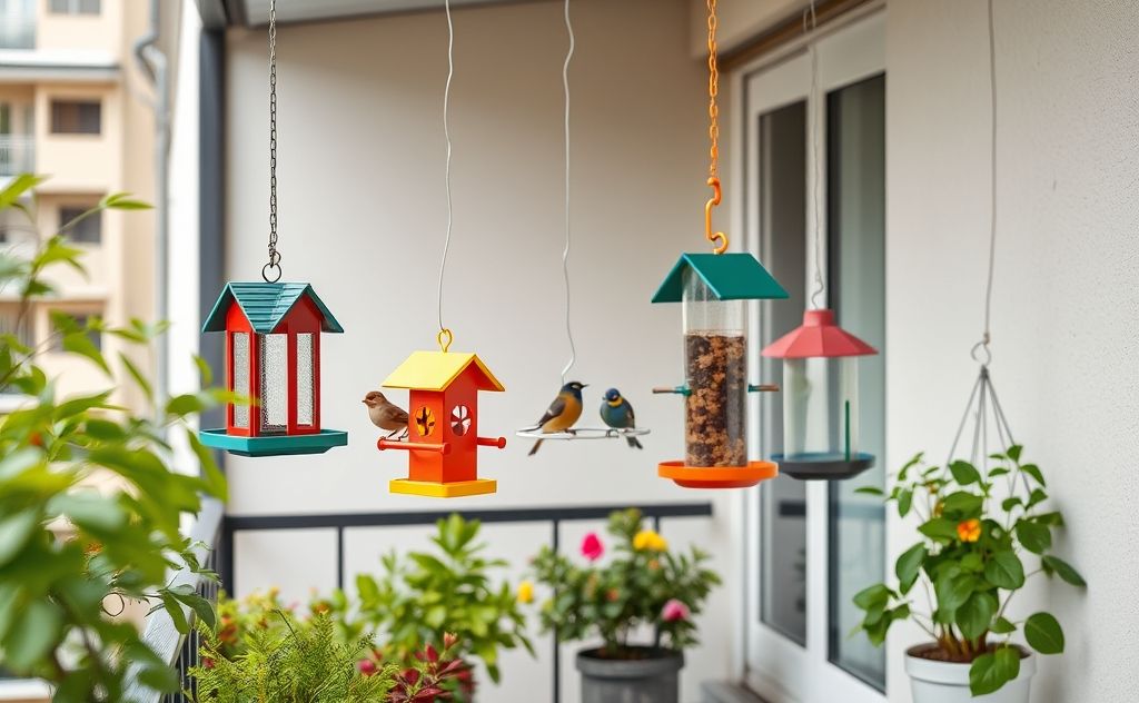 Colorful bird feeders hanging on a small apartment balcony with plants.