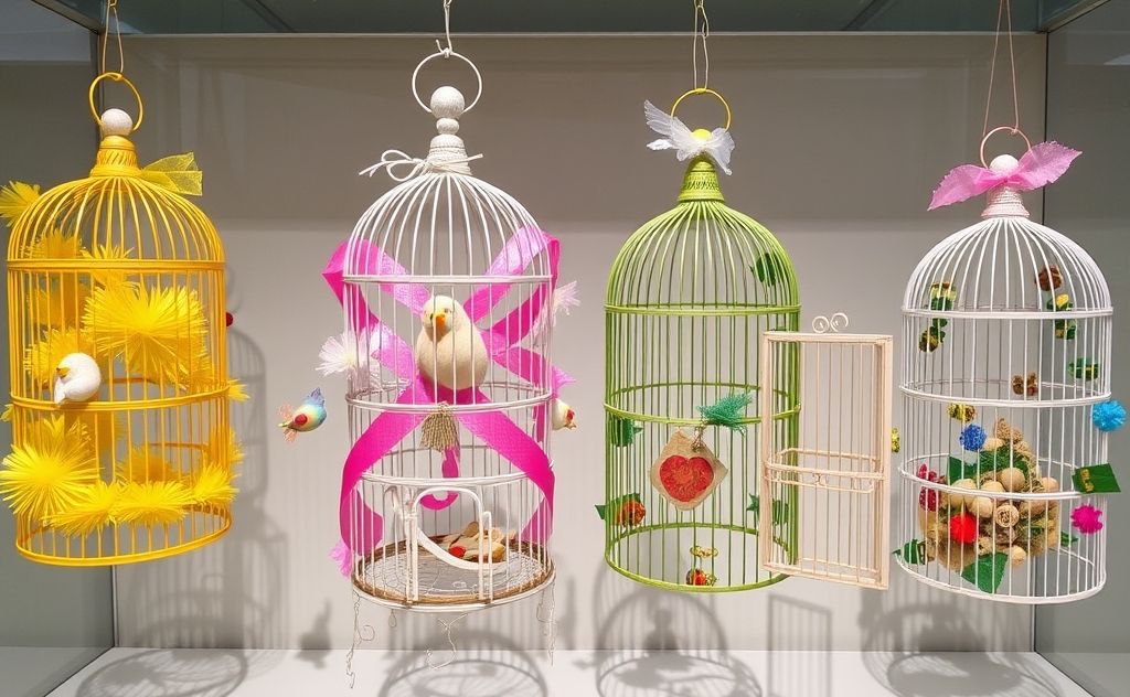 Colorful birdcage dividers made from various materials on display.