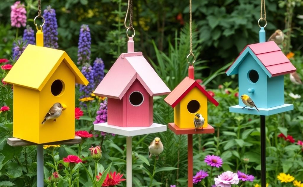 Colorful birdhouses designed for finches in a lush garden setting.