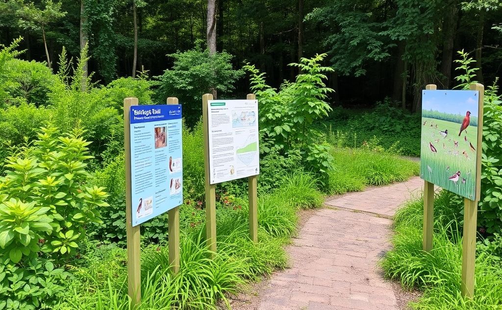 Colorful birding trail with educational signage in a lush green setting