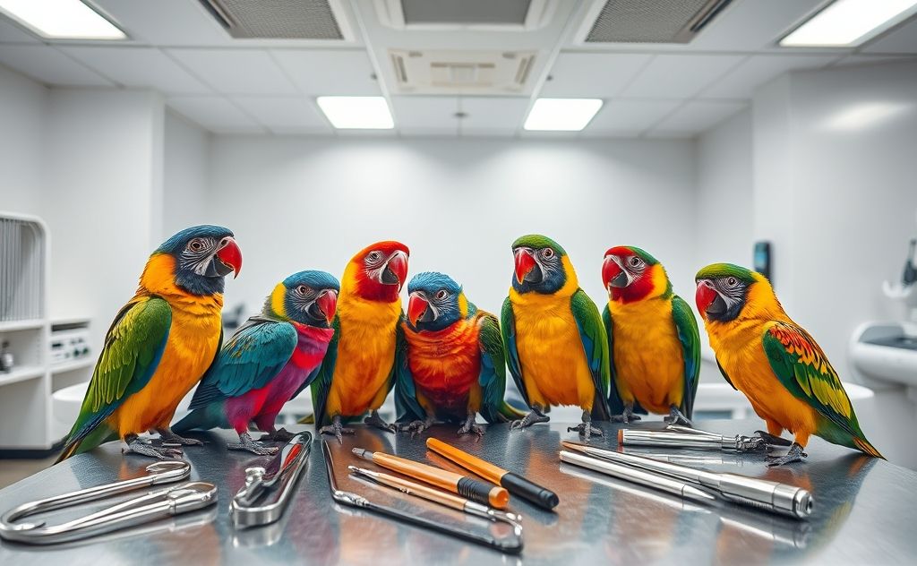 Colorful birds perched on a veterinary examination table with tools.