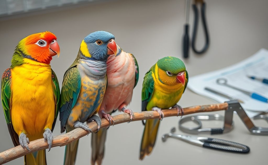 Colorful birds perched on branches with a veterinarian's tools nearby.