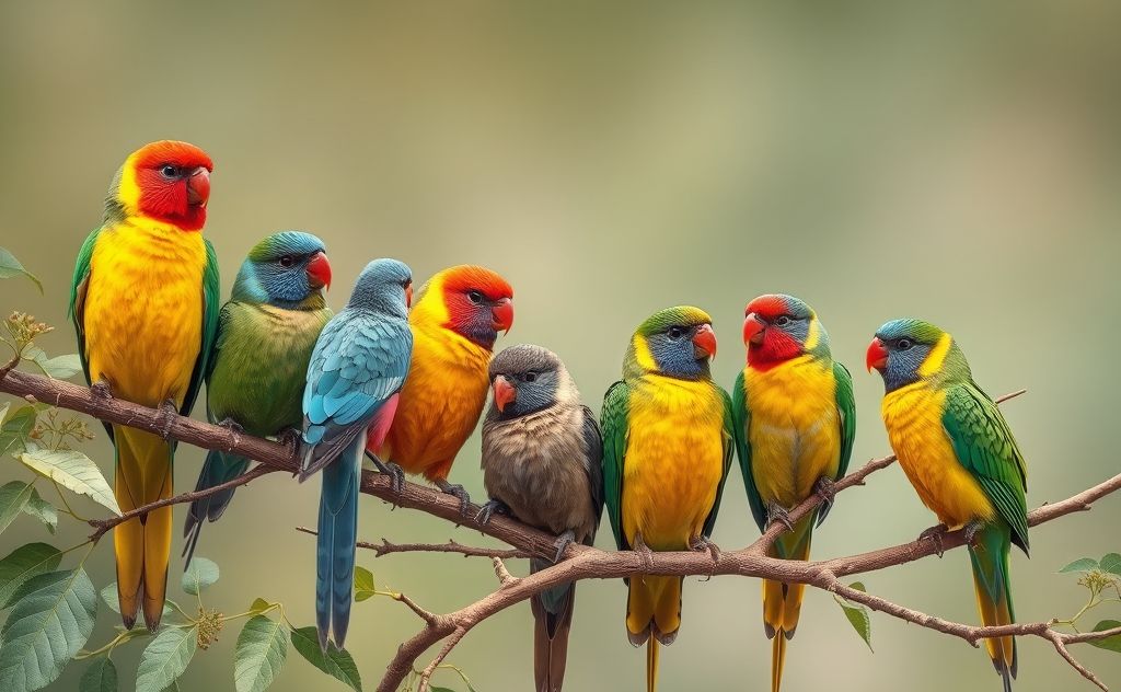 Colorful birds perched on branches, showcasing various species starting with P.