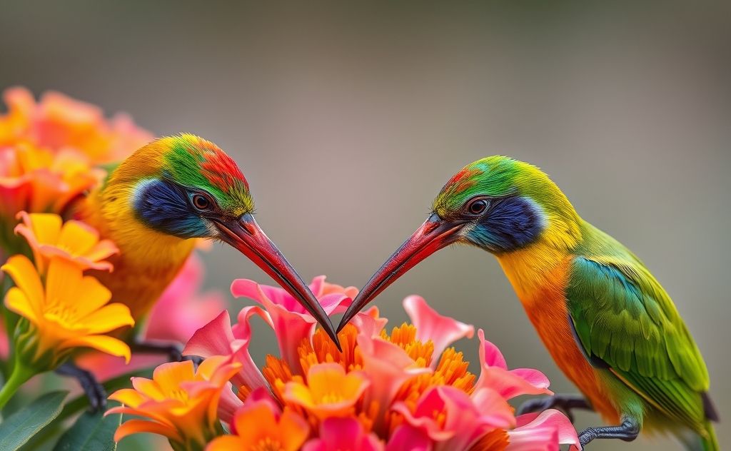 Colorful birds with long thin beaks feeding on vibrant flowers.