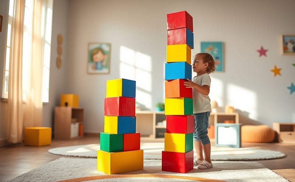 Colorful building blocks arranged to create a confident child's tower.