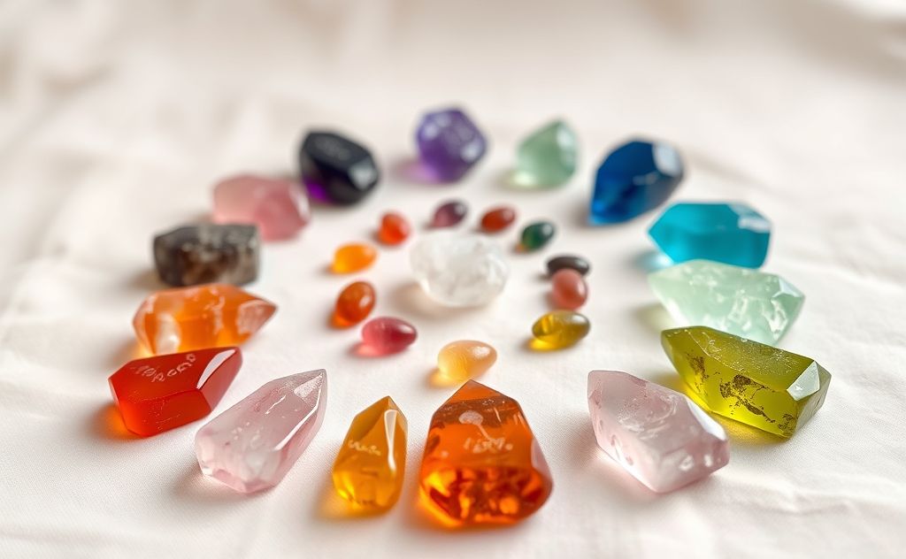Colorful chakra crystals arranged harmoniously on a soft background.