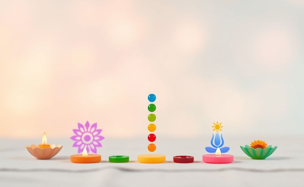 Colorful chakra symbols arranged harmoniously on a serene background.