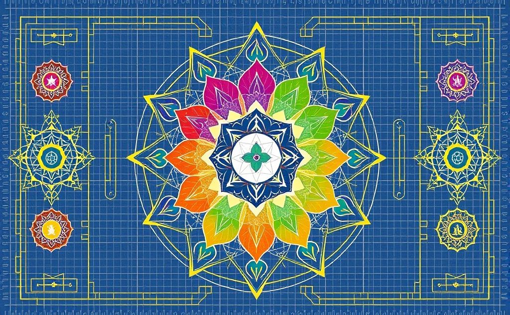 Colorful chakra symbols arranged in a harmonious blueprint design