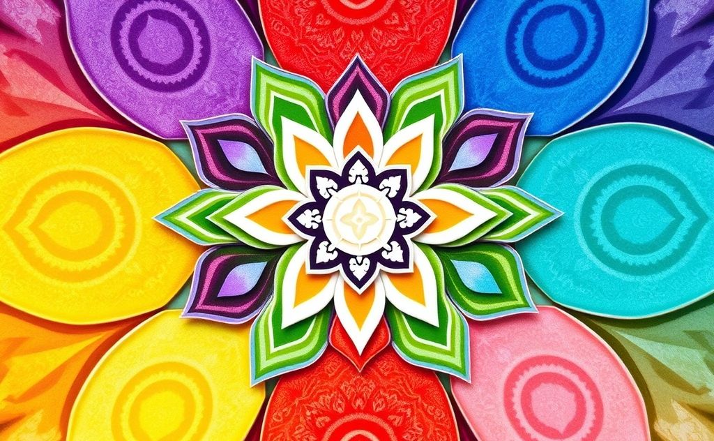 Colorful chakra symbols arranged in a harmonious pattern.