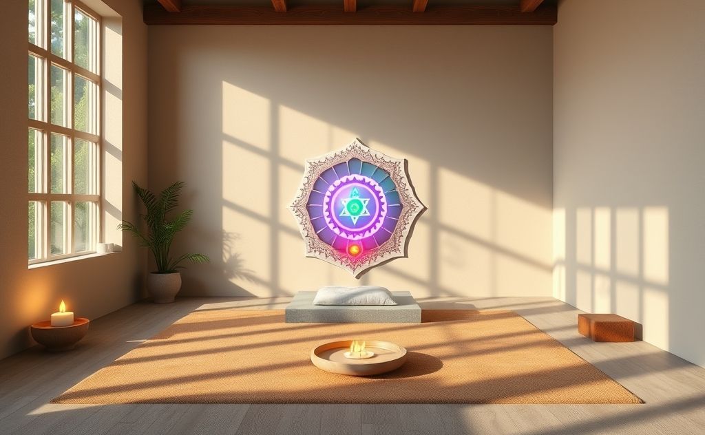 Colorful chakra symbols arranged in a serene, meditative setting.