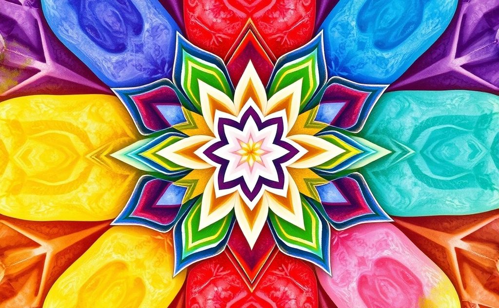 Colorful chakra symbols arranged in harmonious geometric patterns.