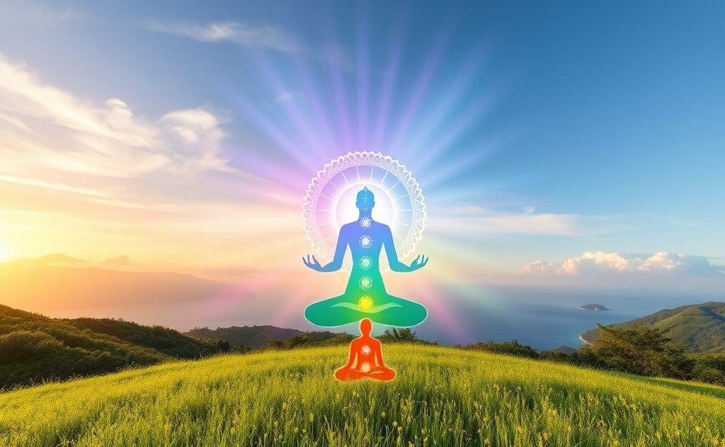 Colorful chakra symbols radiating energy and harmony in a serene setting