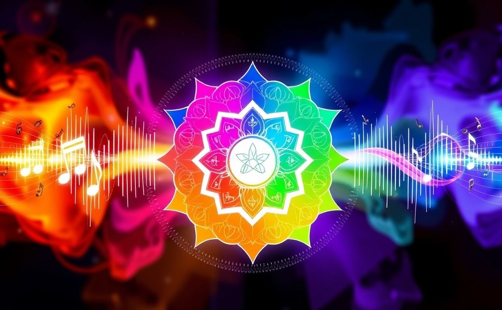 Colorful chakra symbols surrounded by sound waves and musical notes