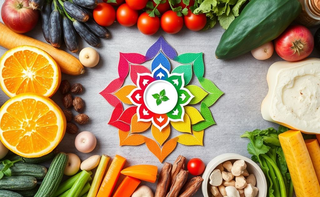 Colorful chakra symbols surrounded by various healthy foods.