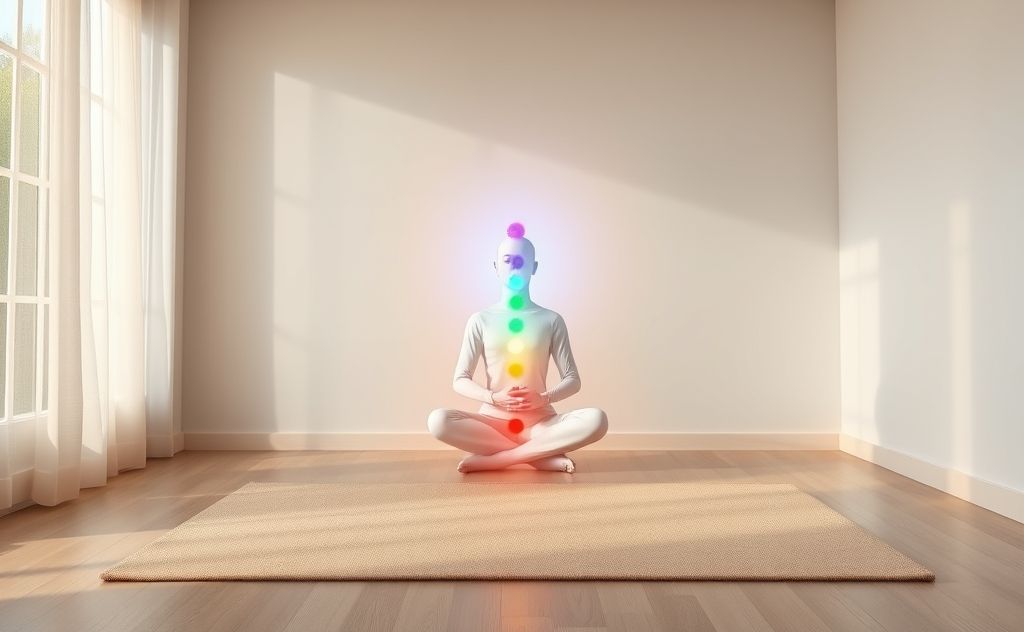 Colorful chakras aligned in a serene meditation setting.