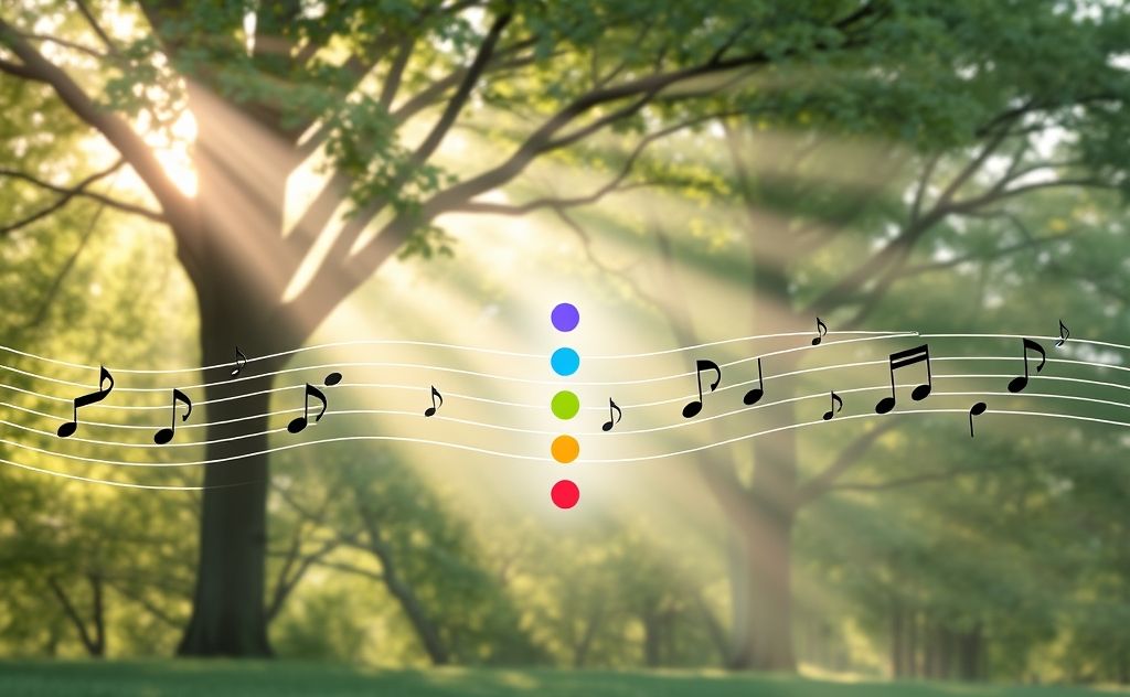 Colorful chakras aligned with musical notes in a serene setting