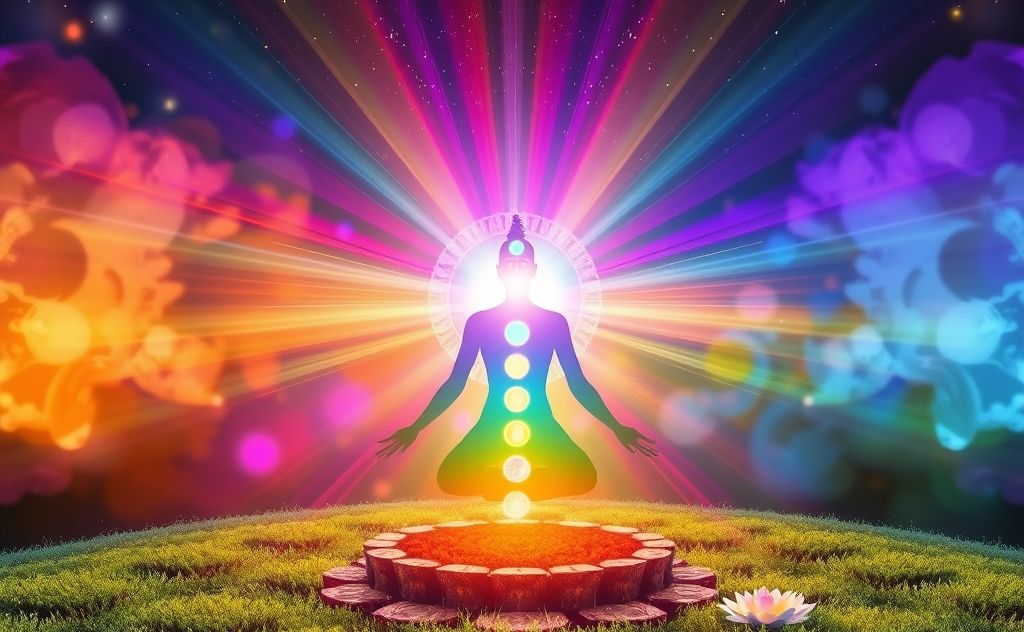 Colorful chakras radiating vibrant energy in a serene environment