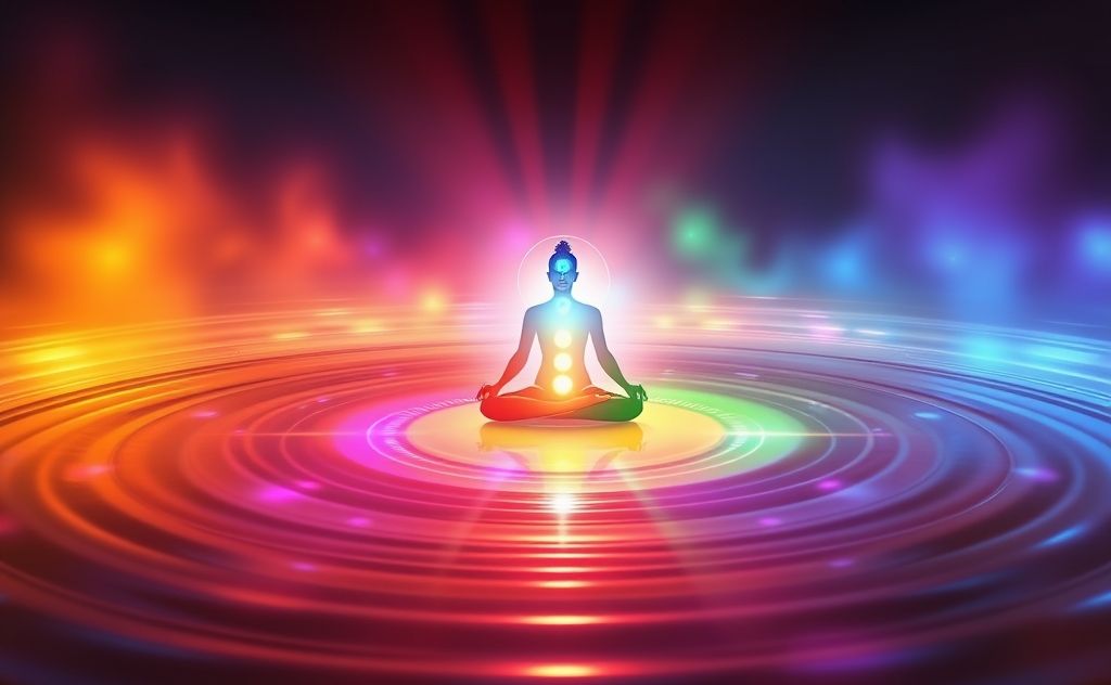 Colorful chakras surrounded by harmonious sound waves.