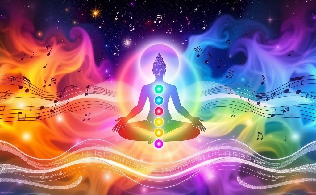 Colorful chakras surrounded by soothing musical notes and waves.