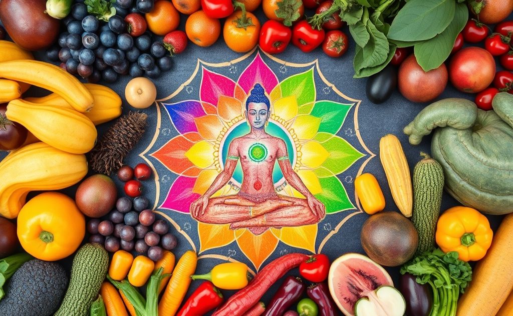 Colorful chakras surrounded by vibrant fruits and vegetables.