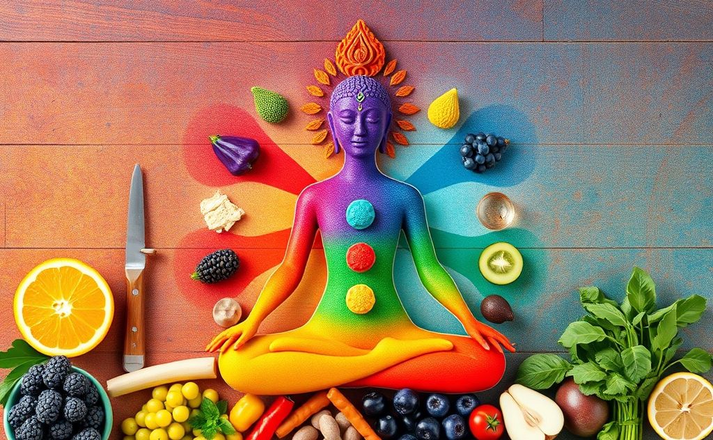 Colorful chakras with essential nutrients represented by vibrant foods.
