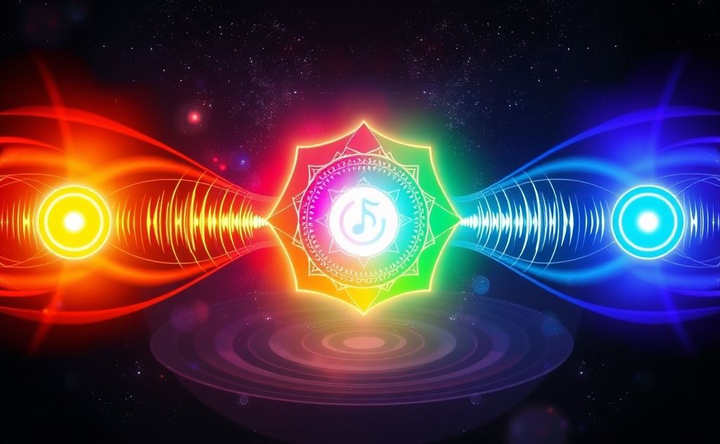 Colorful chakras with sound waves emanating from them.