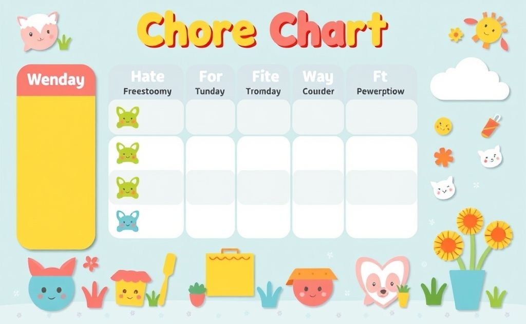 Colorful chore chart with fun icons and playful elements for kids