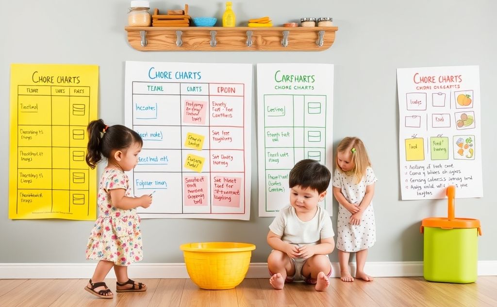 Colorful chore charts and playful kids engaging in household tasks.