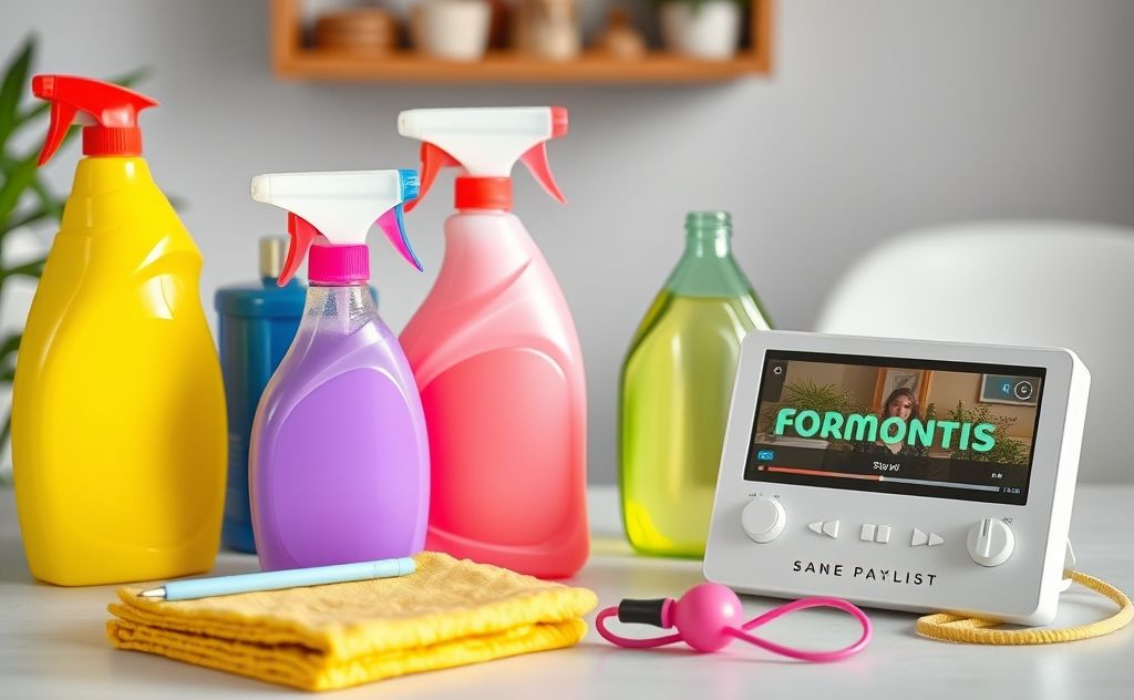 Colorful cleaning supplies and a vibrant music playlist on a table.