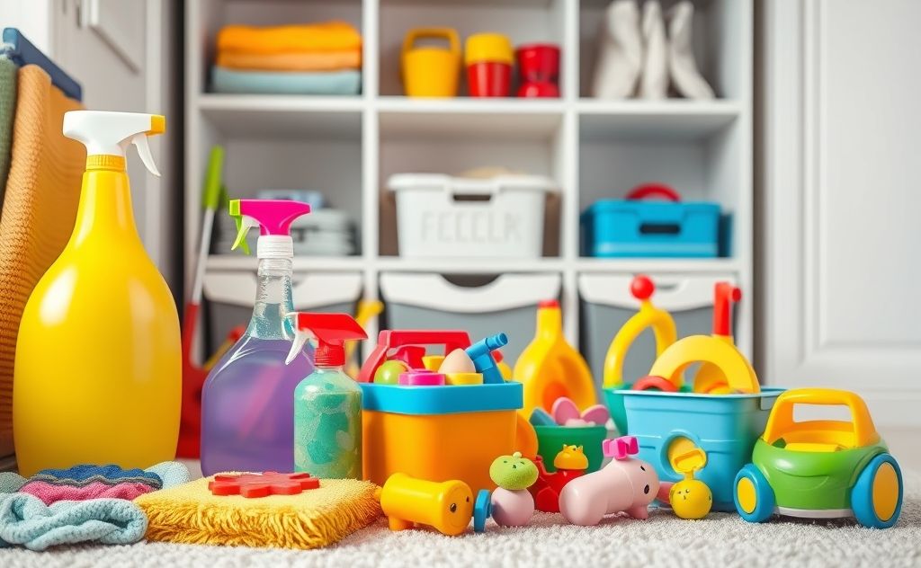 Colorful cleaning supplies and playful kids' toys in a tidy room.