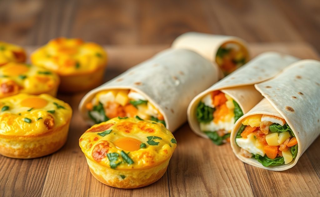 Colorful egg muffins and burritos arranged on a wooden table.