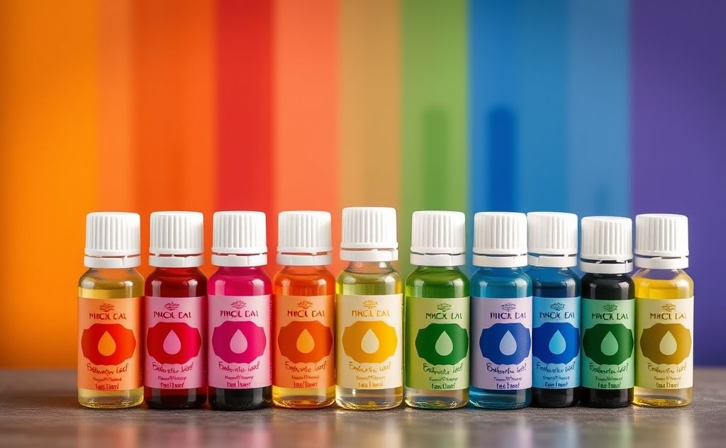 Colorful essential oil bottles arranged by chakra colors.