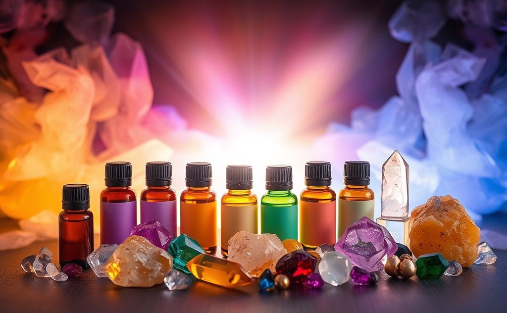 Colorful essential oils and crystals arranged around a glowing aura.