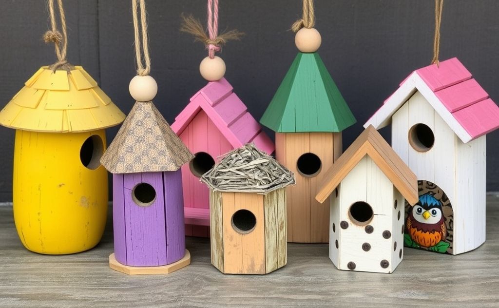 Colorful finch houses made from various natural materials.