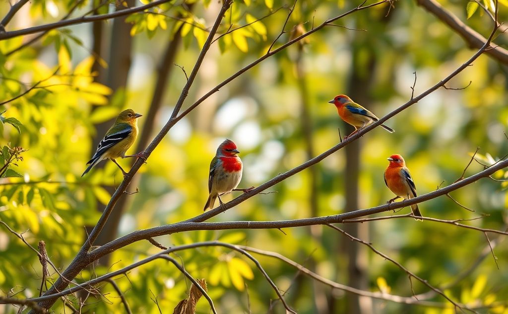 Colorful finches and buntings perched on branches in a natural setting.