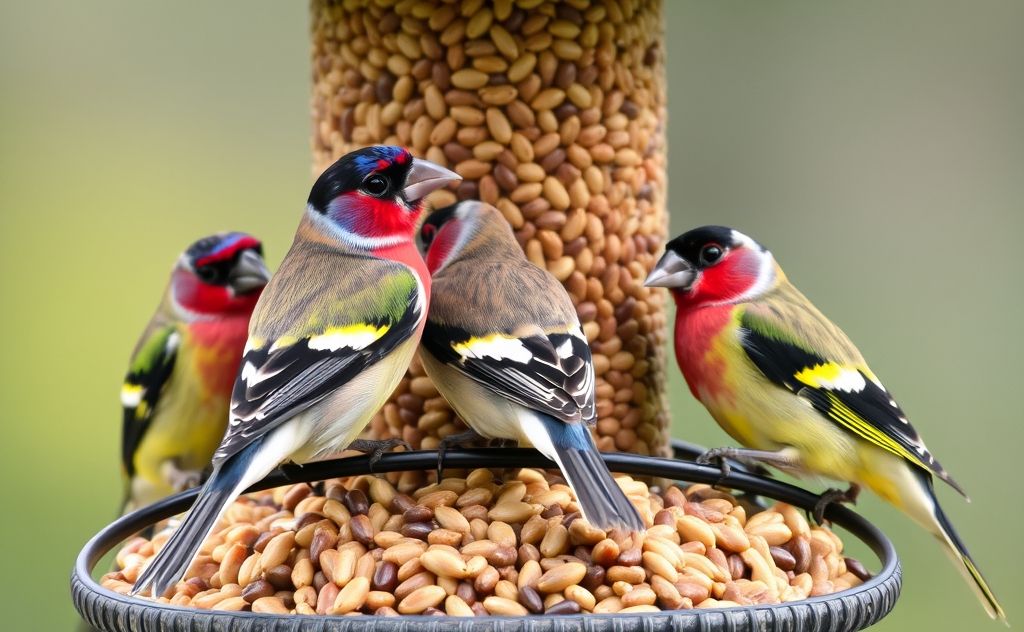 Colorful finches perched on a bird feeder surrounded by seeds.