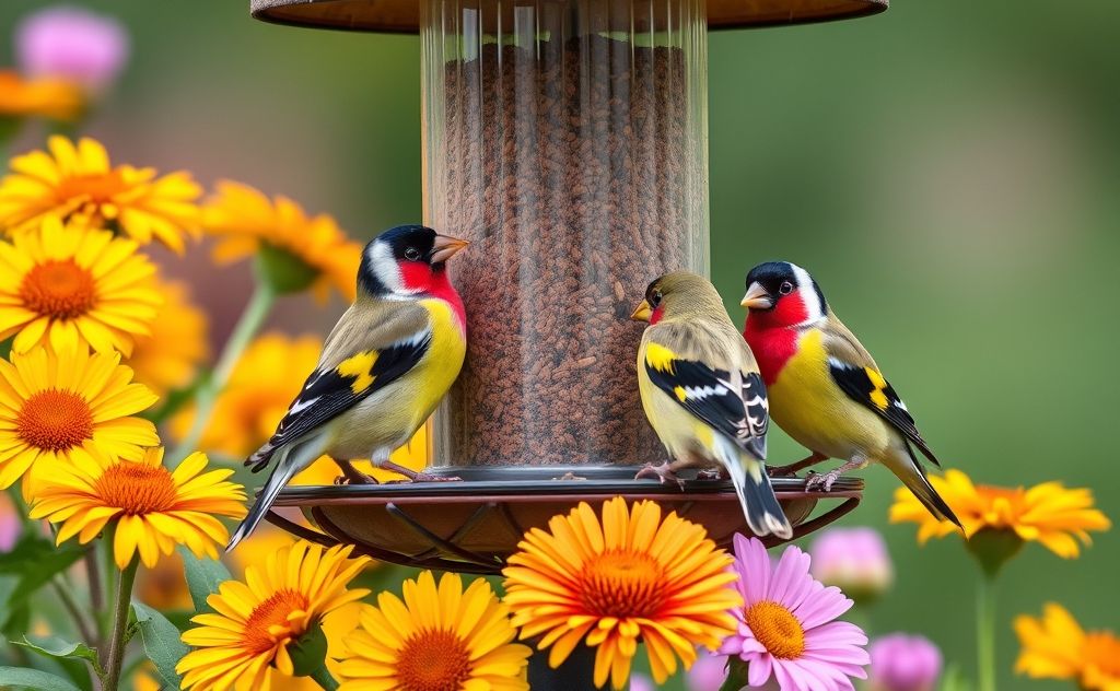 Colorful finches perched on a bird feeder surrounded by summer flowers.