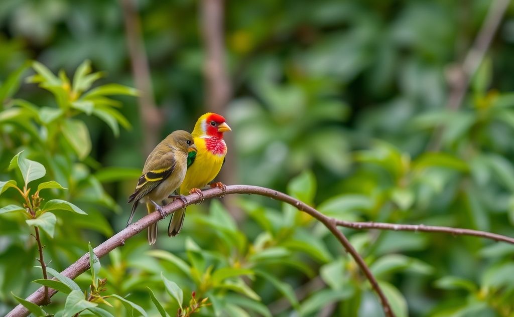 Colorful finches perched on a branch in a lush green forest.
