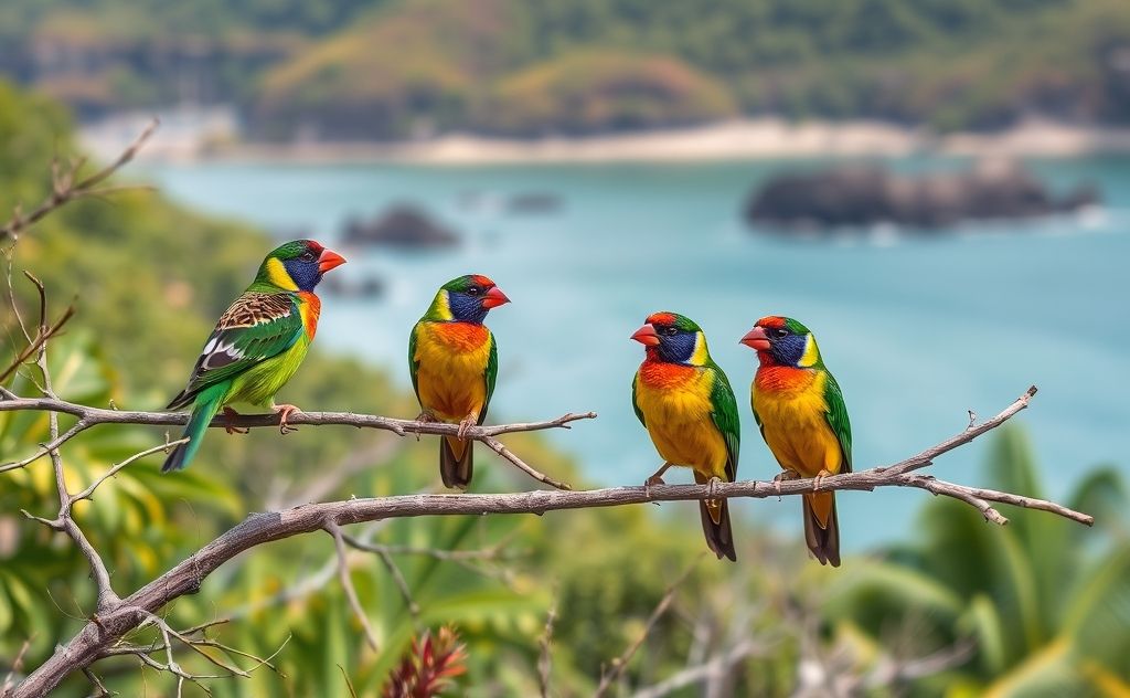 Colorful finches perched on branches in a diverse island landscape.