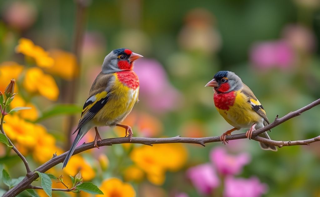 Colorful finches perched on branches, chirping in a vibrant garden.