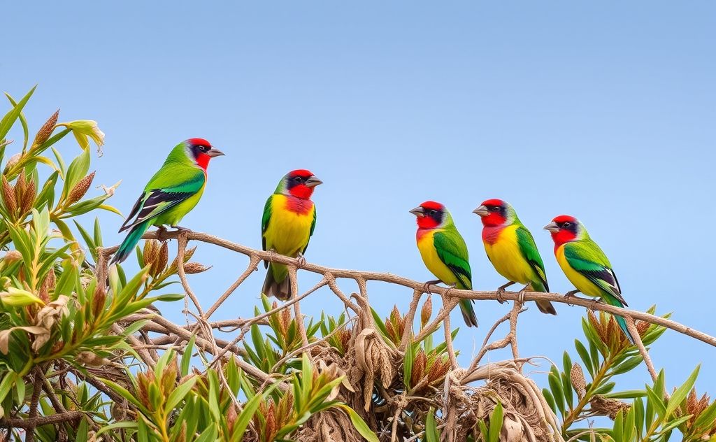 Colorful finches perched on diverse island vegetation.
